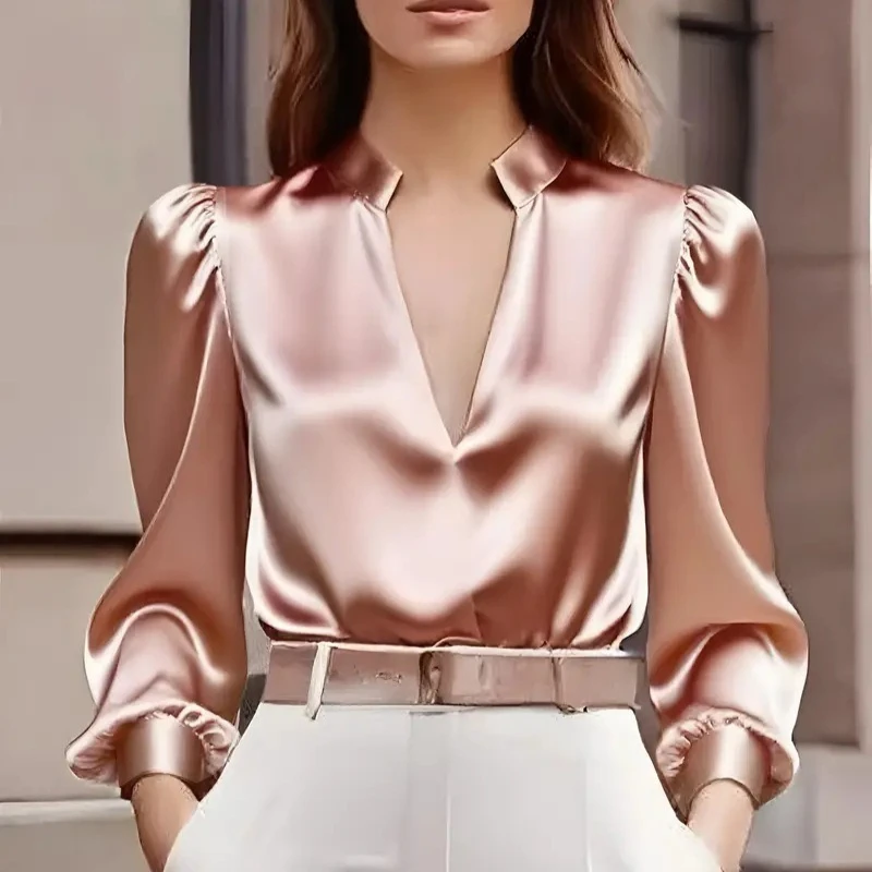 Camicia da pendolarismo elegante alla moda casual a maniche lunghe con scollo a V in raso dal design minimalista tinta unita primavera autunno da donna