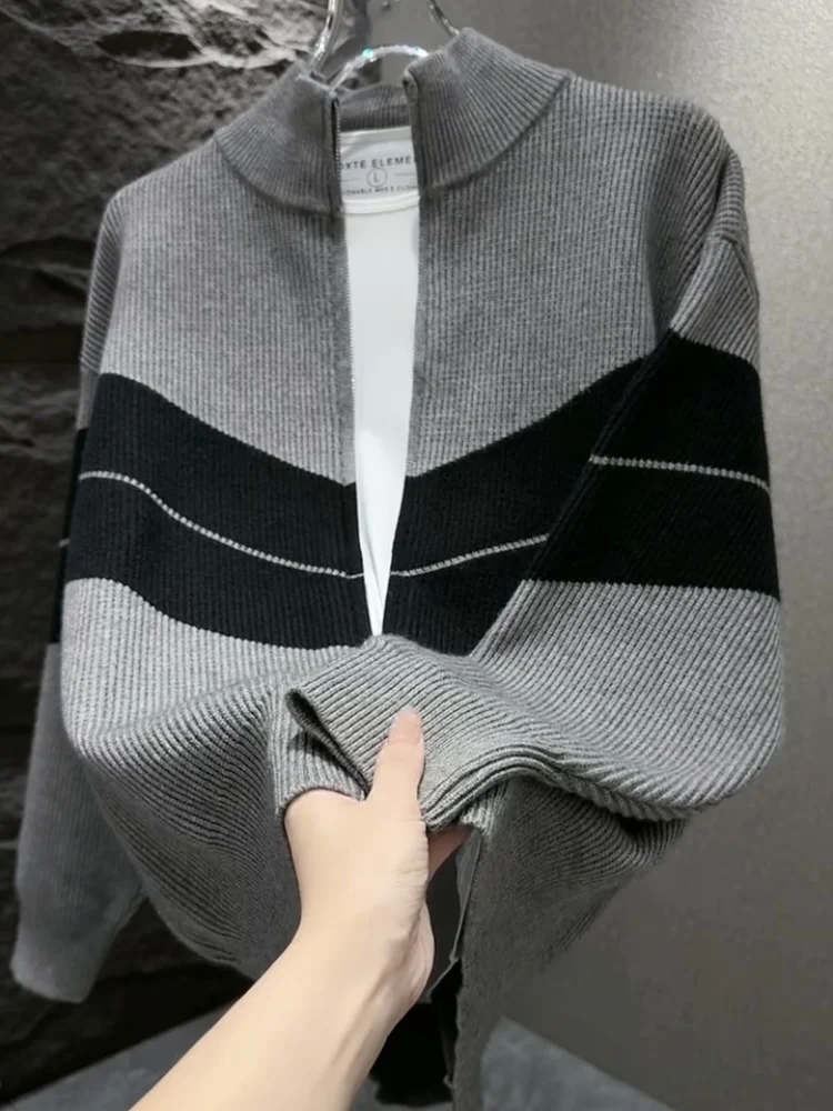 

Fall Winter New Sle Casual Men's Knitted Cardigan Sweater Luxury Color Blo Stand Collar Versatile Comfortable Long Sve...