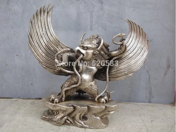 Tibet Buddhism White Bronze Silver Mirs Garuda God Buddha Statue