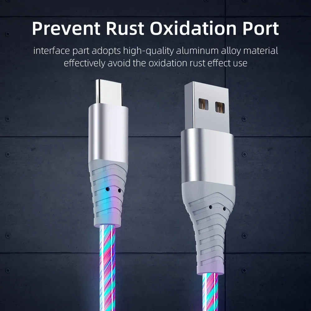 5A Fast Charging Type C Cable Glowing LED Cable USB C Data Wire Flowing Streamer Light LED USB C Cord for Huawei Xiaomi POCO