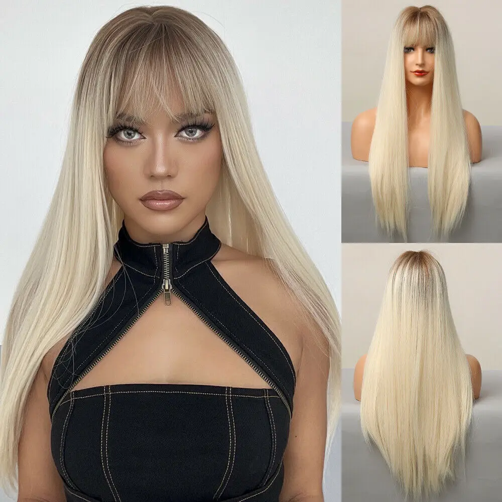 

Ombre Blonde WhiteHair Bangs Long Straight Fanshion Wigs