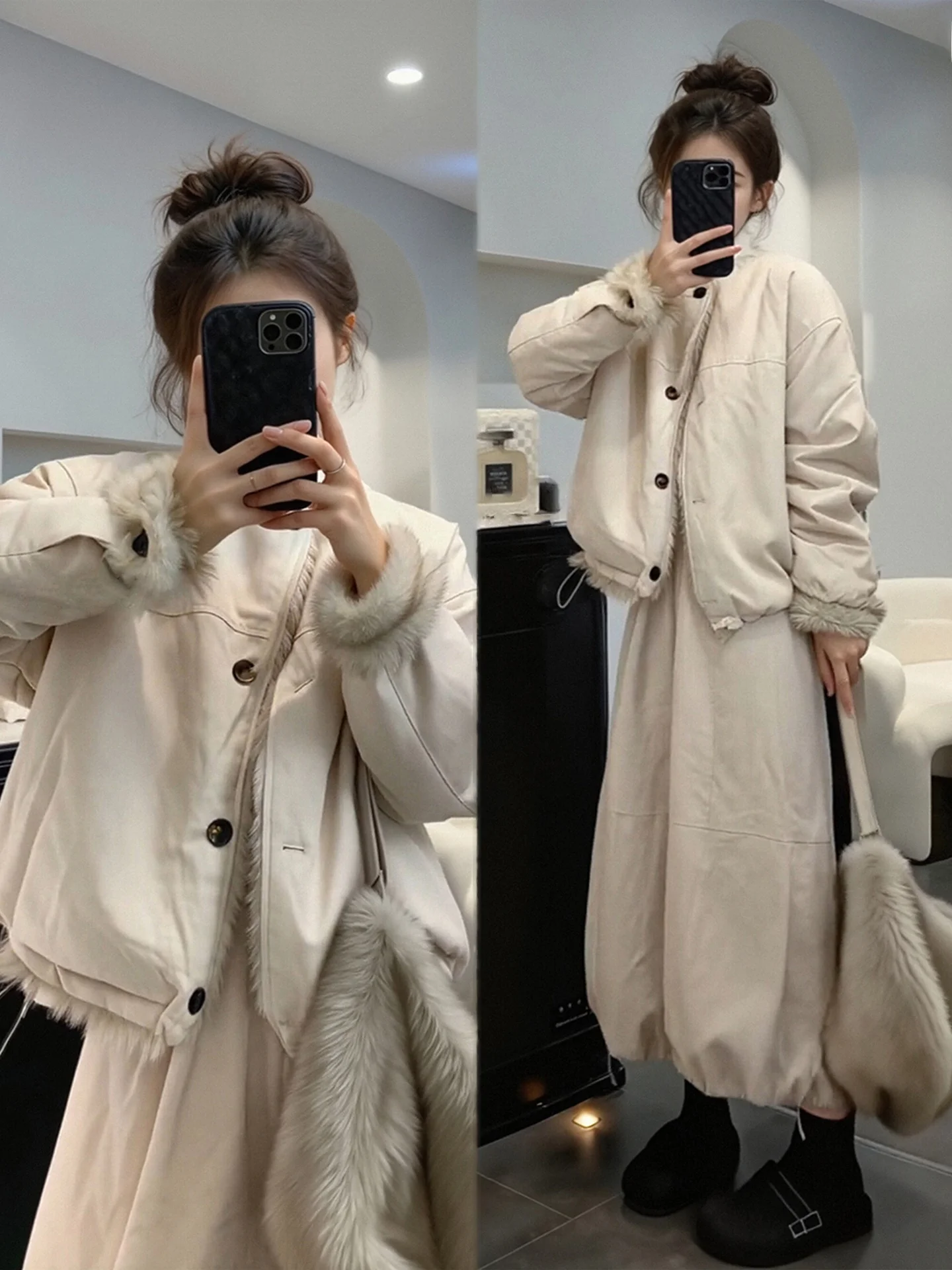 

plus Size Winter Fashion Set Women's Warm Cotton Jacket with Fleece Half Skirt Loose Fit Korean Style Casual Wear