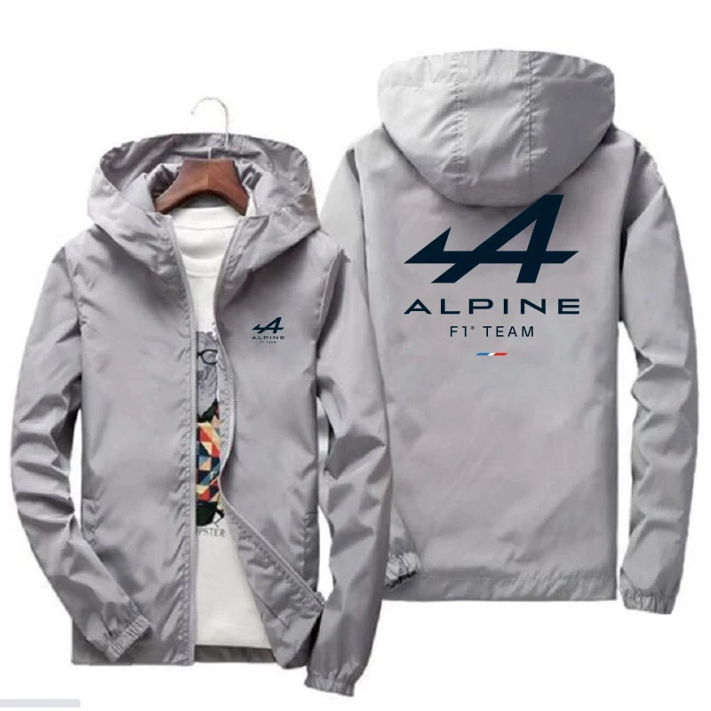 Fashionable gabardine jacket for men, zipper jacket with printed Pablo Alpine F1 team logo, autumn motorcycle top