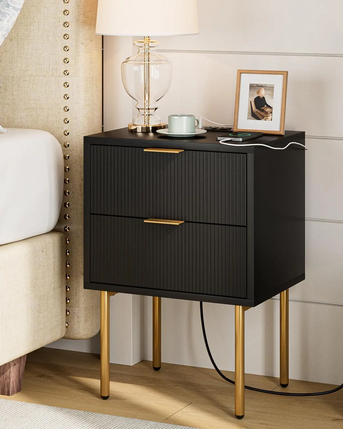 

Nightstand with Charging Station,Mid-Century Modern Bedside Table with 2 Storage Drawer,Small Gold Frame Side End Table for Bedr