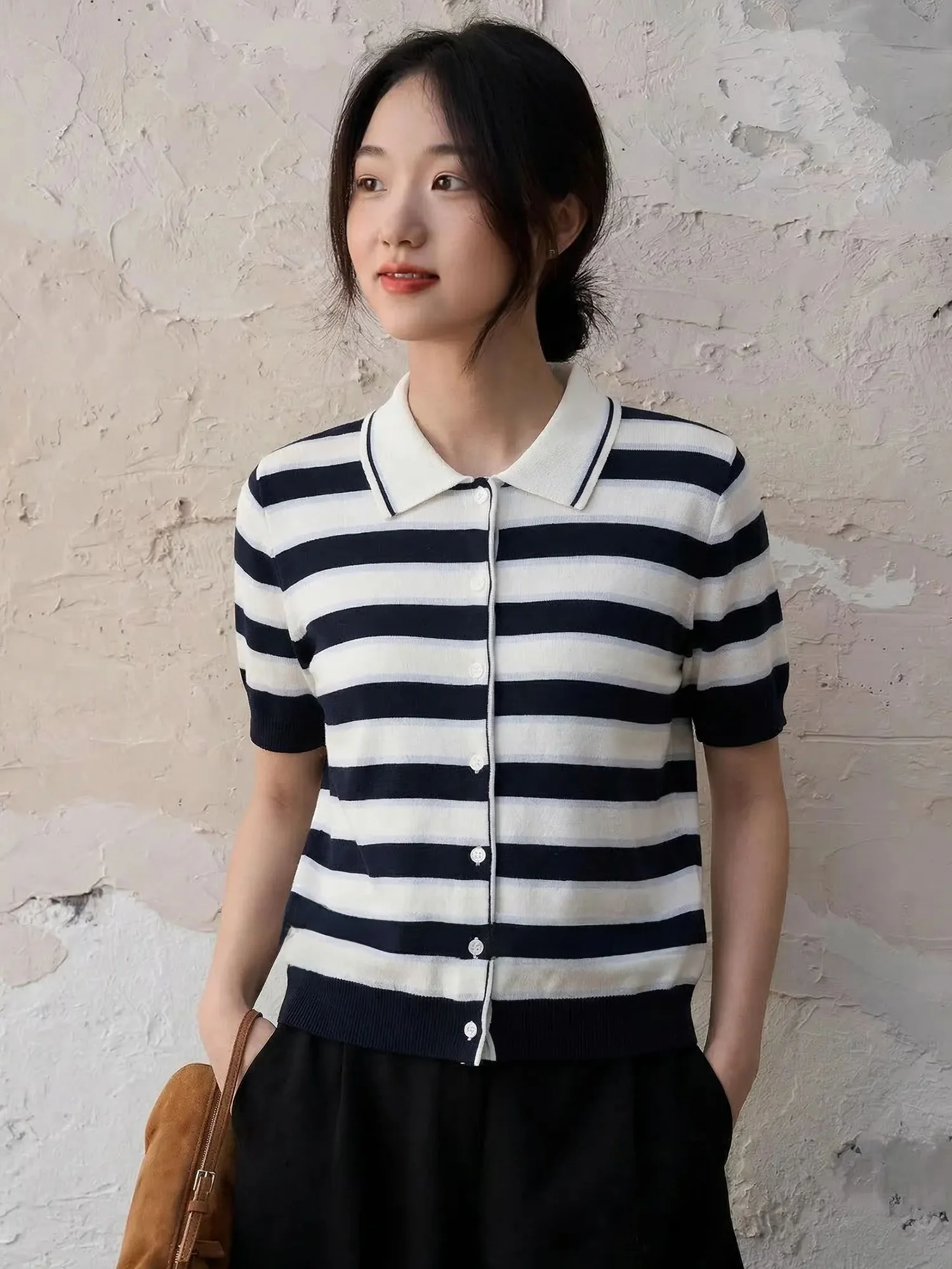 

Slim Fit Stripe Knit Sweater Short Sleeve Open Cardigan Women's Summer Thin Cotton Blend Casual Style Fashionable Top