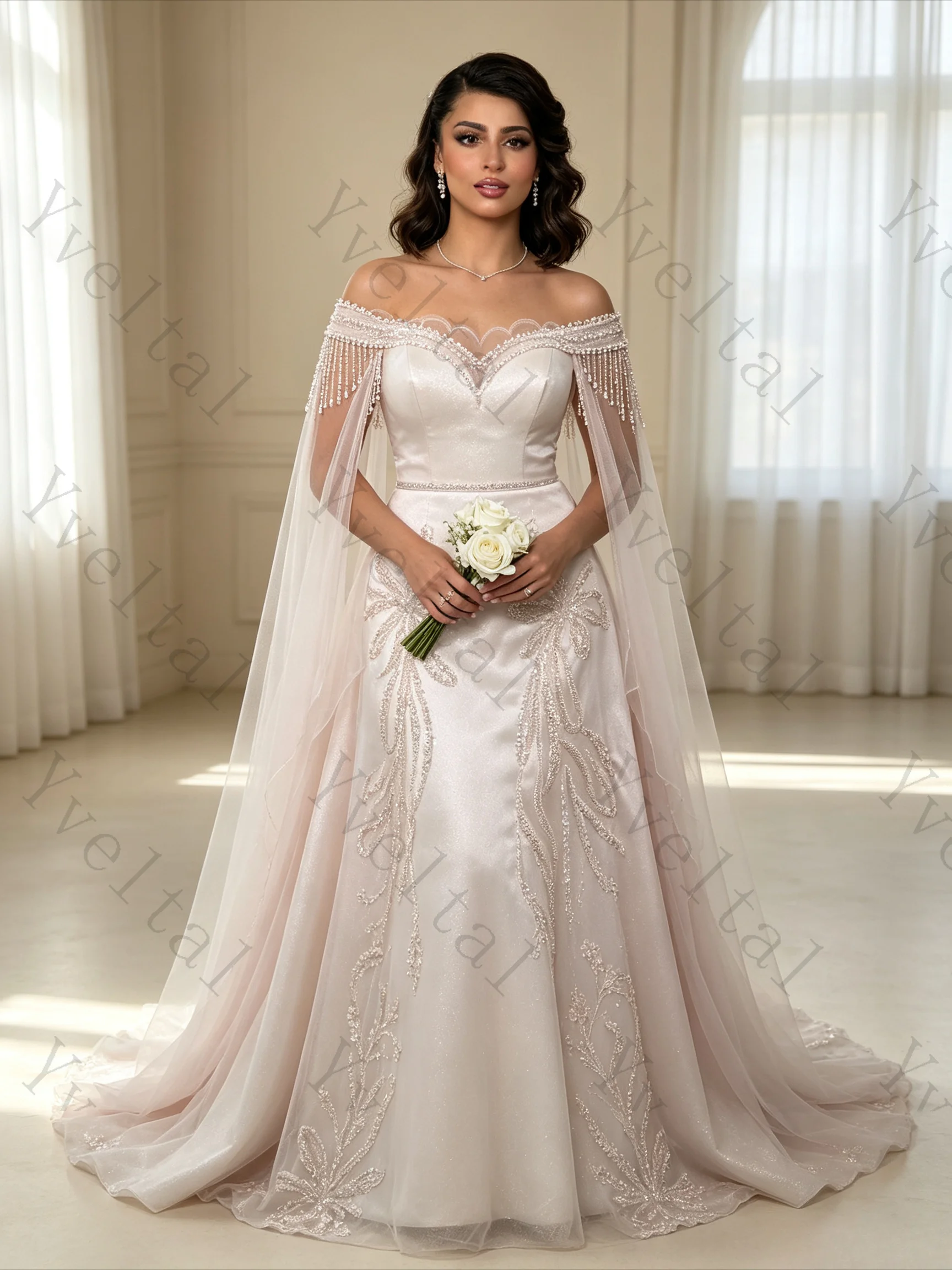 Customized Women Off-Shoulder Pearl White Wedding Dress Draped Lace Sweep Train Bridal Gown with Removable Shawl for Wedding