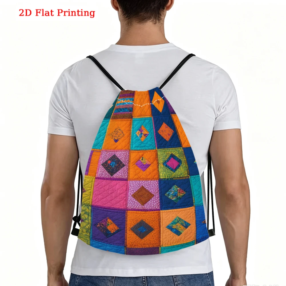 Vintage Patchwork Quilt Style, Drawstring Backpack, 2D Flat Printing Colorful Geometric Squares Pattern, Gym Sports Bag, Outdoor