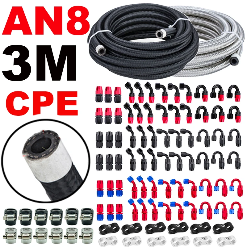 

3M/9.84FT AN8 8AN Fuel Hose Oil Gas Line Nylon Steel Braided CPE Rubber Pipeline Radiator Brake Pipe End Fitting Clamp Separator