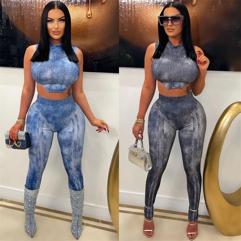 Streetwear Fake Denim Print 2 Piece Sets Women Outfit 2023 Summer Bodycon Crop Top and Pant Sets Festival Clothing Matching Sets