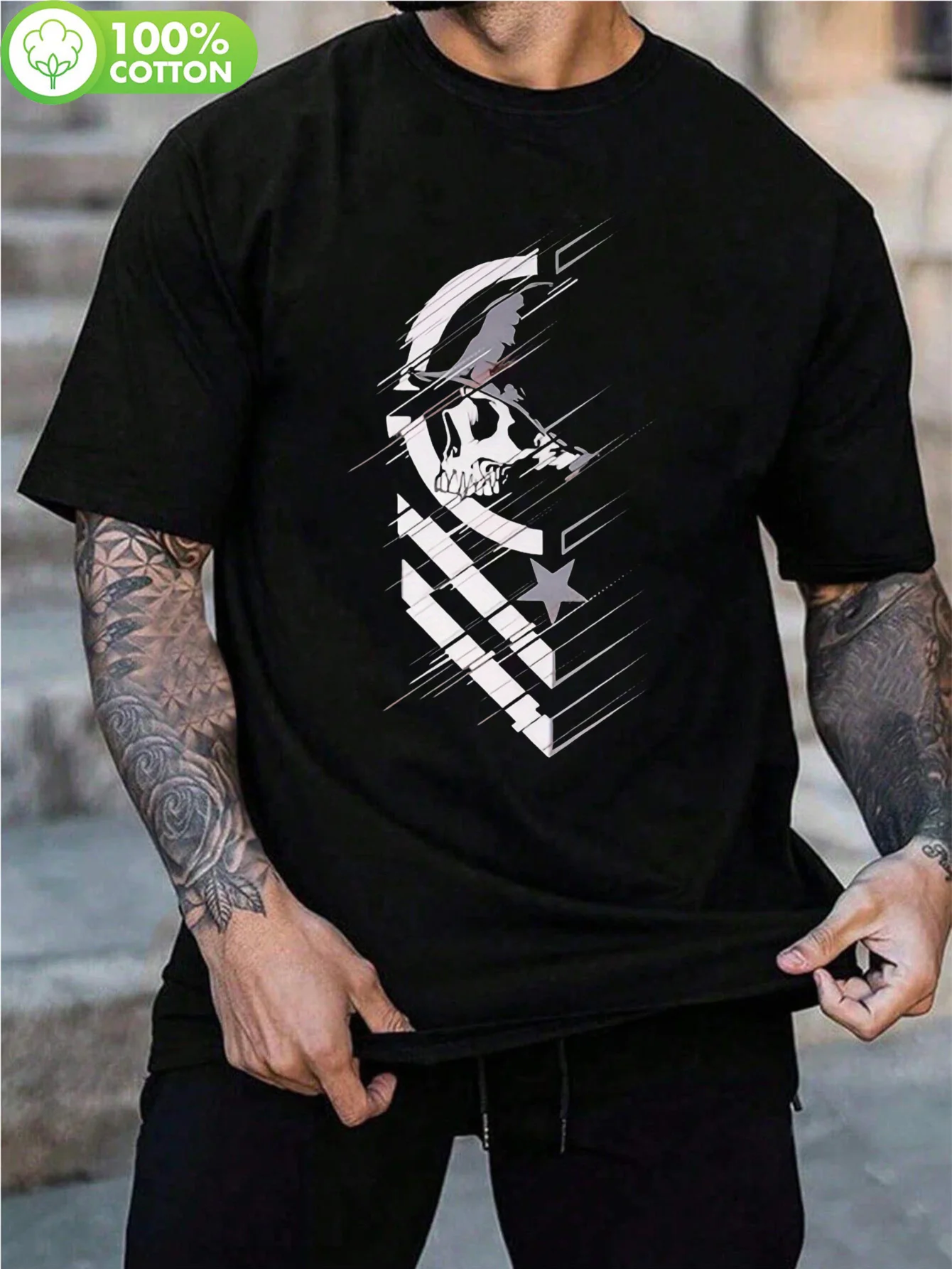 Stylisches Unisex-Grafik-T-Shirt (Motiv Totenkopf und Stern) – Schwarzes Kurzarmshirt mit Rundhalsausschnitt im urbanen Look, unverzichtbar für den Sommer, entspannter Schnitt
