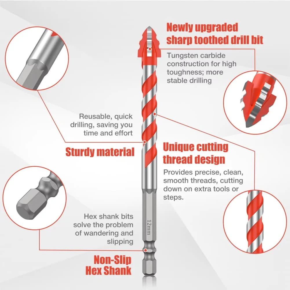 For Tile Drilling Red Serrated Drill Bit Four-flute Design 4-flute Design Serrated Eccentric Tip Reduced Slippage