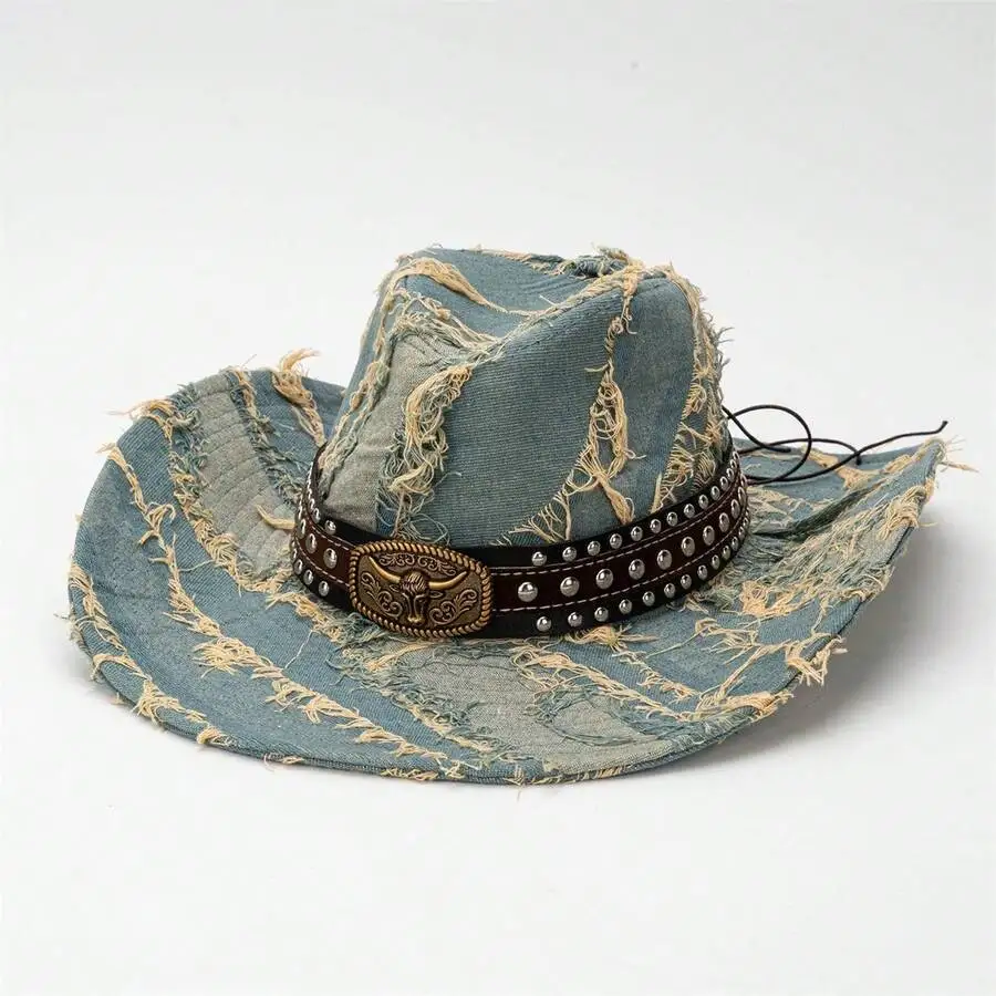 

Distressed Denim Cowgirl Hat With Bull Head Belt Western Wide Brim Cap For Adults
