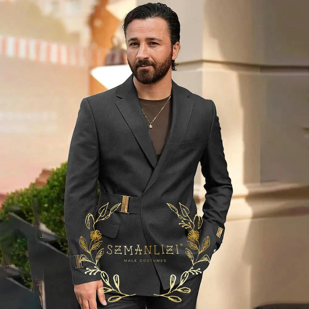 

Dark Grey Double Breasted Wedding Men Suits Slim Fit Notched Lapel Blazer Pants 2 Pieces Formal Business Groom Tuxedos Fashion
