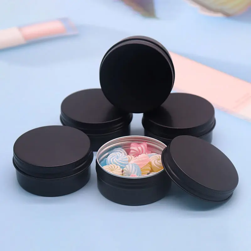 1Pcs 5g-250g Black Round Aluminum Tin Cans Lip 1OZ 2OZ 100g 200ml Lip Balm Salve Spices Cream Candle Sample Metal Containers Pot