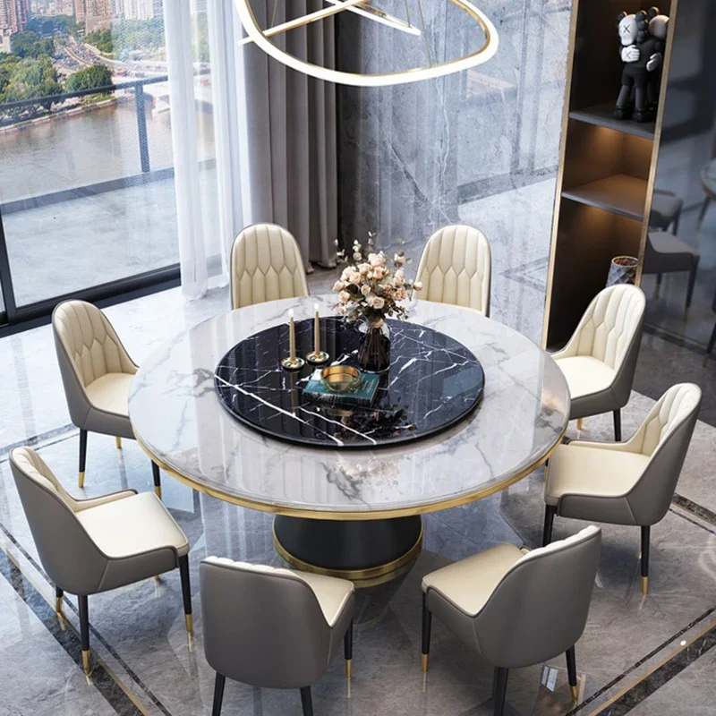 

Light Luxury Stone Dining Table Chairs Combination Modern Simple Turntable Round Table Slate Table Mesa Comedor Home Furniture