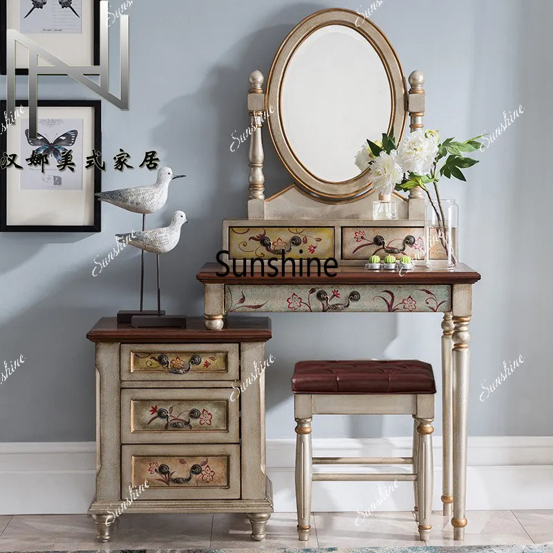 

American painted hand-painted retro old classical dresser, makeup stool bedside table matching