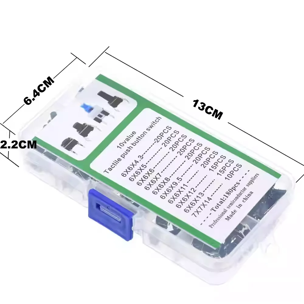 10 Types 180Pcs Tact Switch Kit 6x6mm 7x7mm Micro Push Button Switch Assortment Box for Arduino DIY Electronic Projects