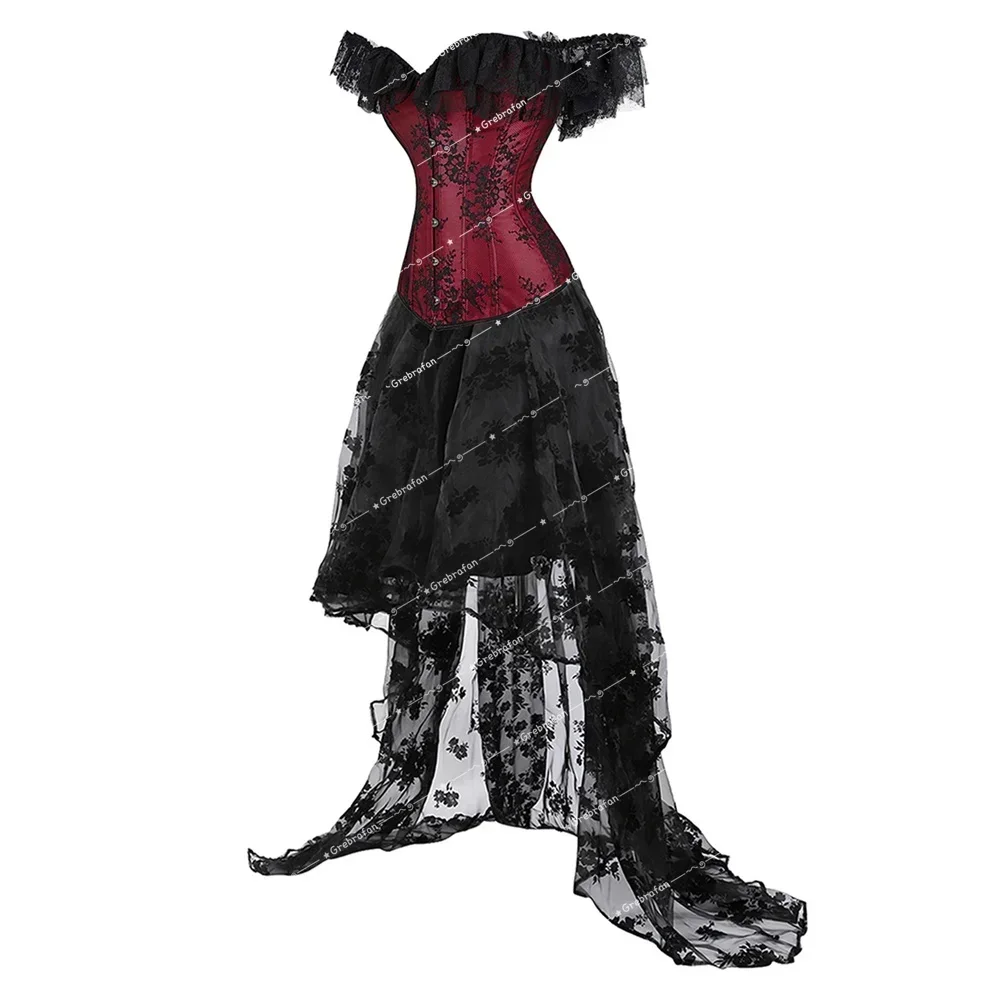 Womens Corset Dress for Wedding Vintage Bride Corsets Lace Up Bustiers Medieval Corsage Skirt Set Plus Size Dance Party Costumes