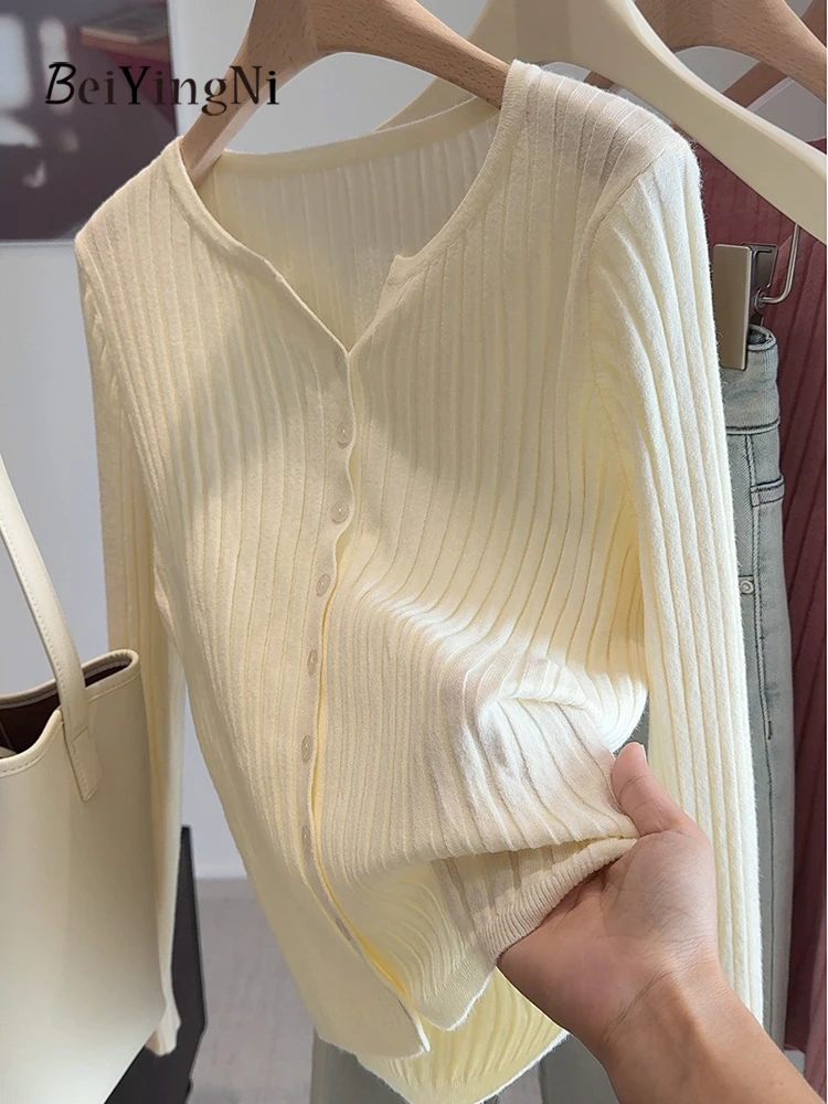 Beiyingni Female Cardigans Autumn Winter Korean Fashion Women's Single-breasted Sweater Plain Outwear Street 2025 Knitted Tops