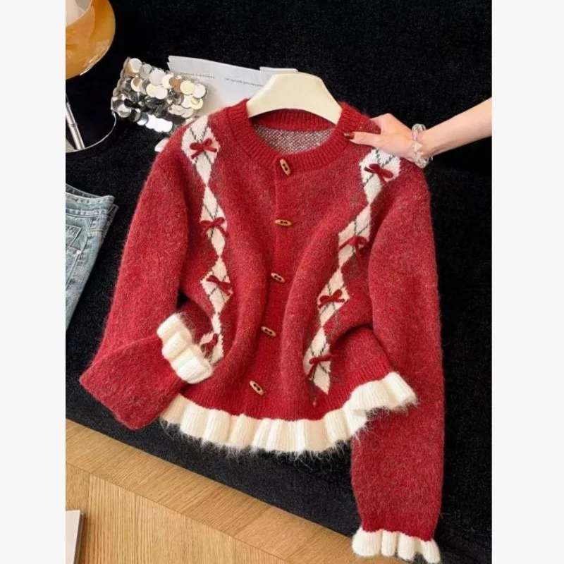 Women Red Bow Ruffle Knit Cardigan Autumn Vintage Horn Button Cropped Sweater Jacket