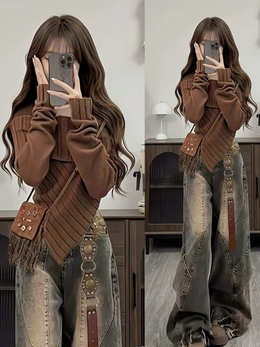 

plus Size Winter Faion Knitwear Sweater And Wide Leg Jeans Set for Women Korean Sle Retro Casual High Waist Trousers