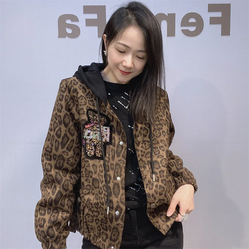 

Leopard Printed Women Jackets Casual Loose Cartoon Bear Diamonds Zipper Hooded Cardigan Waistcoat Куртка Женская С Капюшоном