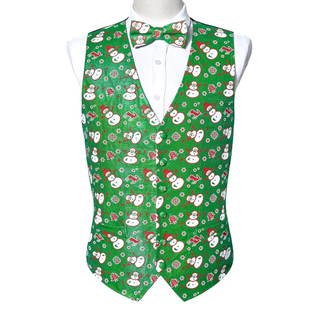 Luxury Christmas Vest for Men Silk Green Red White Snowman Snowflake Festival Waistcoat Tie Bowtie Set Happy Party Barry Wang