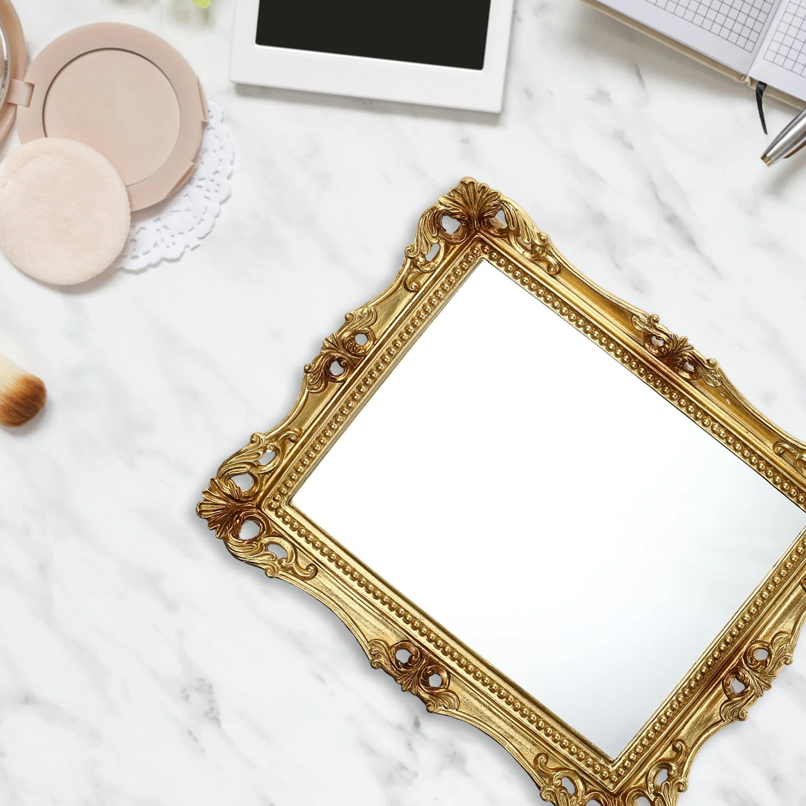 กระจกแต่งหน้าสไตล์วินเทจ 1 ชิ้น ลายแกะสลัก ทรงสี่เหลี่ยม กระจกตั้งโต๊ะ ทนทาน พื้นผิวใส