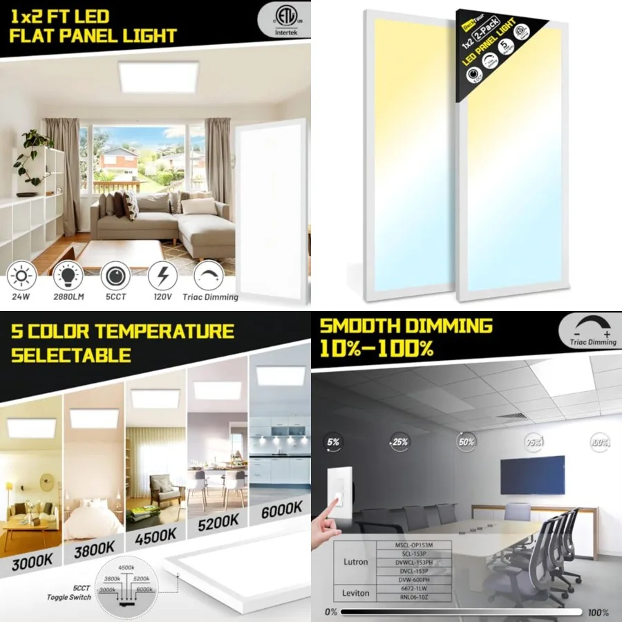 

1x2 LED Flat Panel Light Surface Mount 2-Pack, Flush Mount Ceiling Light 24W 2880LM, 5CCT 3000K/3800K/4500K/5200K/6000K, Dimmab