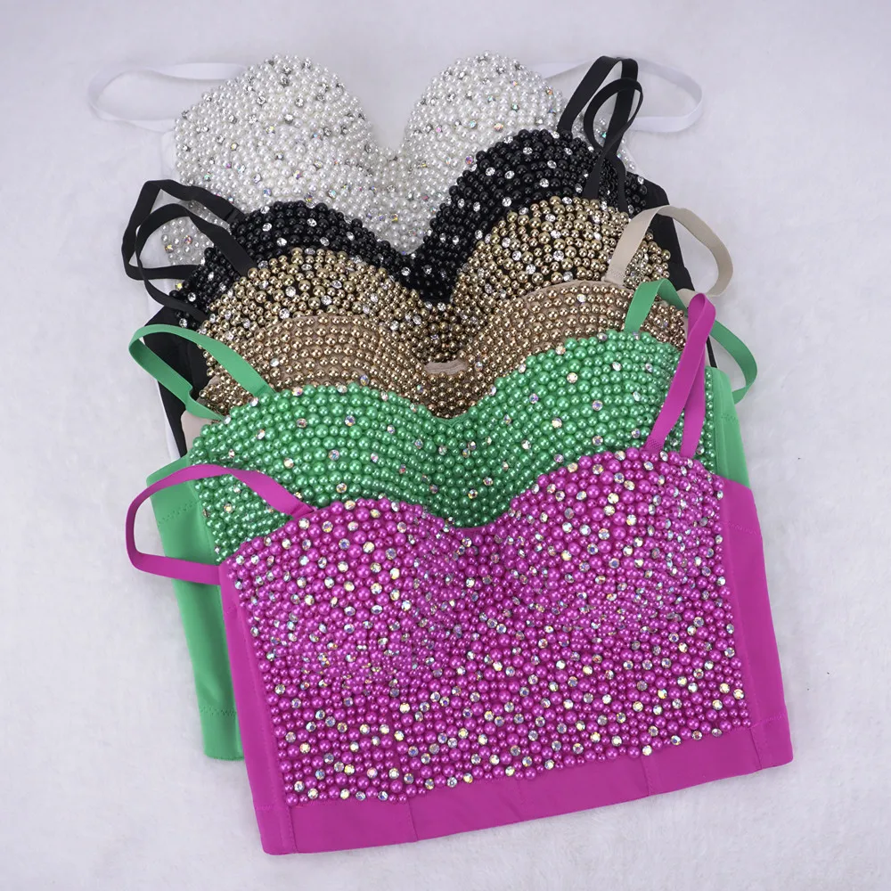 

Fashion Electronic Music Festival Nightclub Sexy Crystals Pearl Tank-Top Performance Wear Bandeau Sling Stage Europe