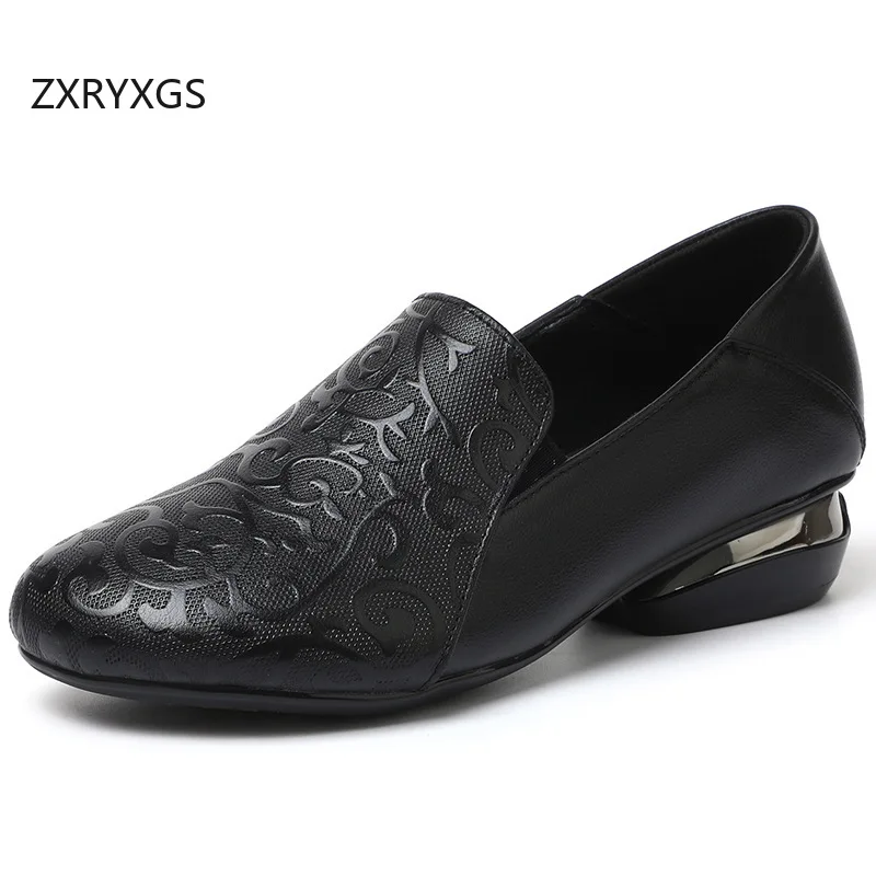 

ZXRYXGS/женская обувь из натуральной кожи с тиснением, удобная обувь на низком каблуке, новинка 2025, модная элегантная офисная рабочая обувь для банкета