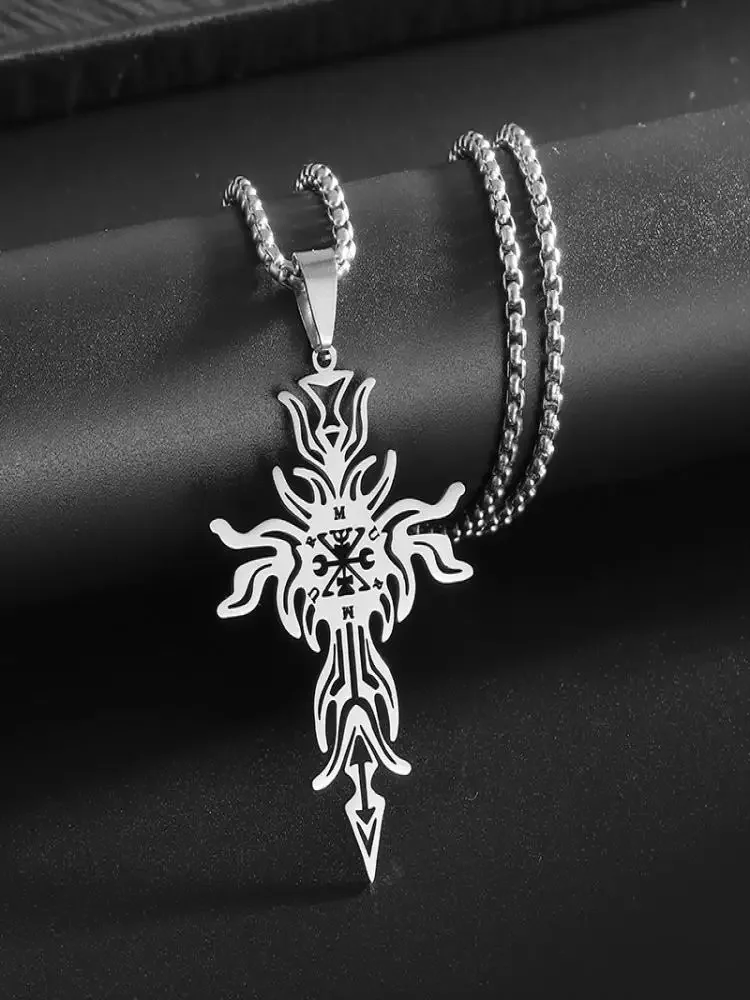 Creative Hollow Special-Shaped Pattern Stainless Steel Cross Pendant Necklace Men and Women Casual Holiday Jewelry Gift