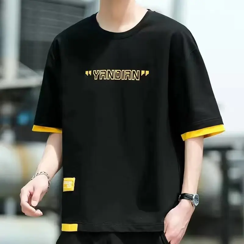 

large size Men'S Summer Short Sleeves Ins Trend Solid Color Short T-Shirt Printed Casual Tops