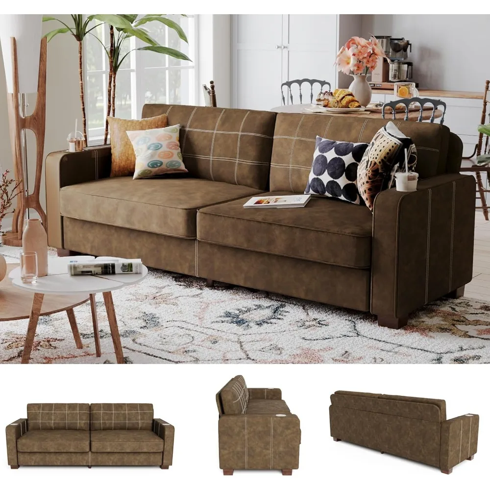 أريكة من الجلد الصناعي البني مقاس 80 بوصة - مساند للذراعين واسعة مع حاملين أكواب مدمجين، ومقاعد عميقة، وخياطة متباينة، كبيرة الحجم