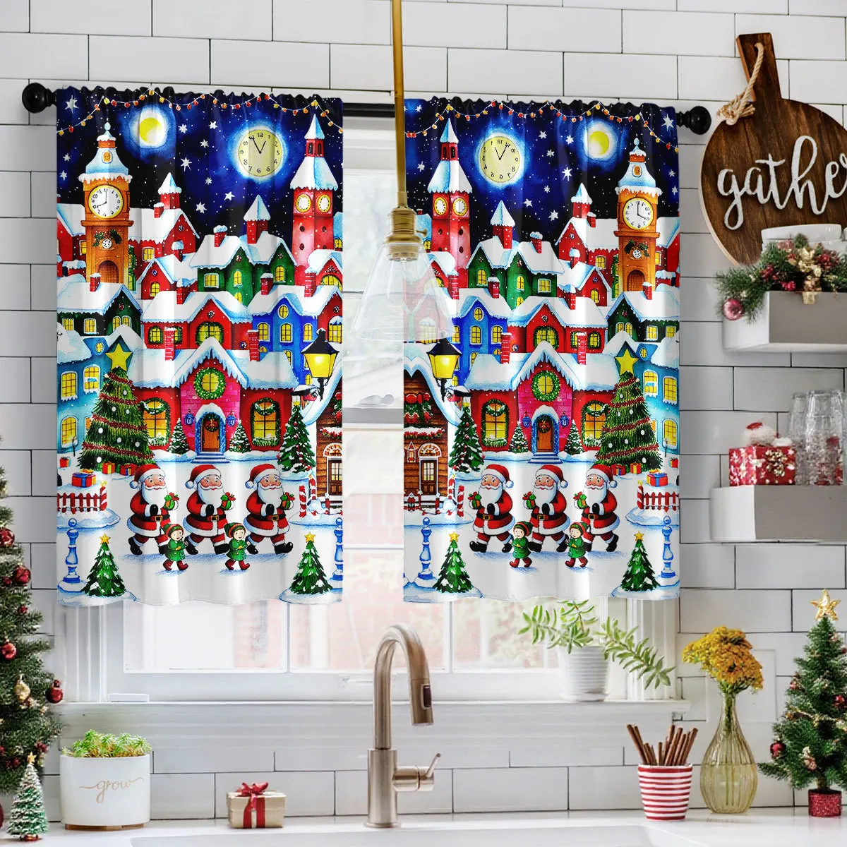 VIKAMA Christmas Valance Curtain Kitchen Window 2PCS 3D Print Waterproof Oil Proof Short Curtain Decor Home Decor