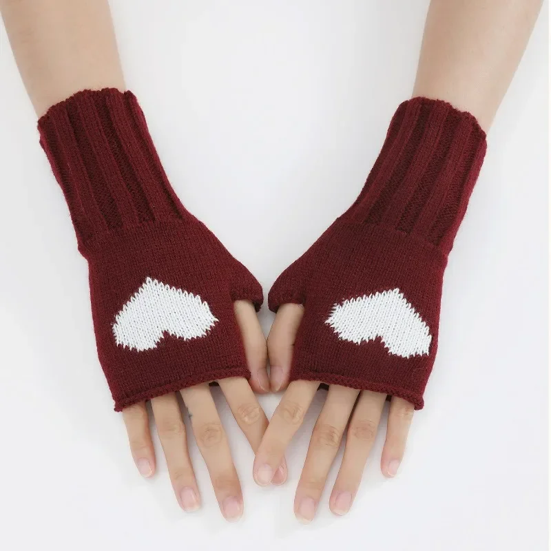 Knit Fingerless Gloves Sleeves Soft Ribbed Half-Finger Arm Warmers for Women Y2K Love Heart Cute Winter Hand & Wrist Warmers