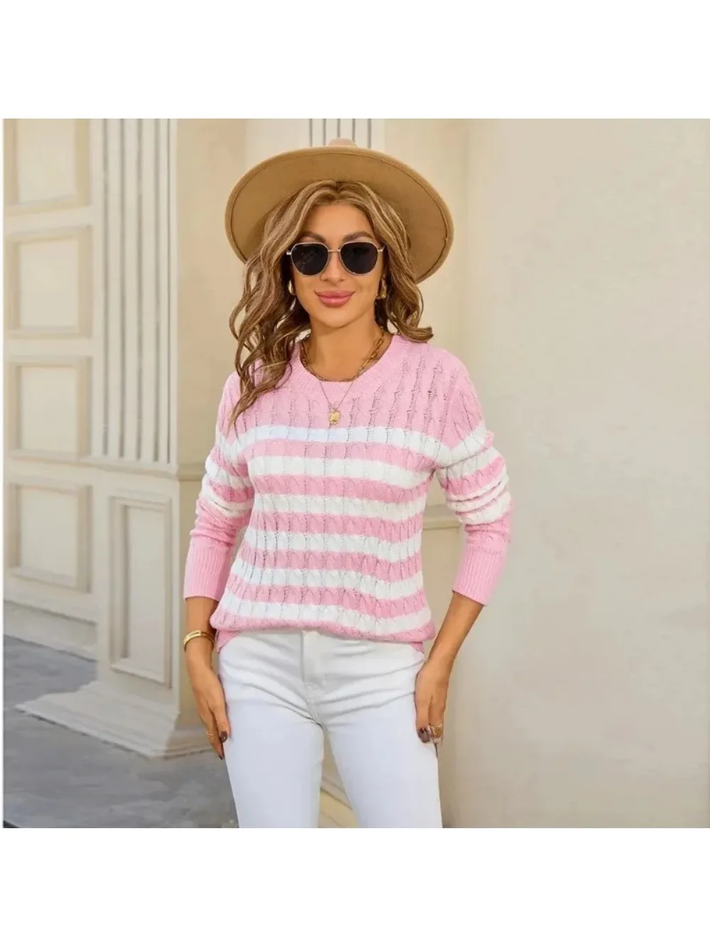 

Новый женский свитер с длинным рукавом, в полоску, с круглым вырезом, комфортный, весенне-осенний, с цветовыми блоками