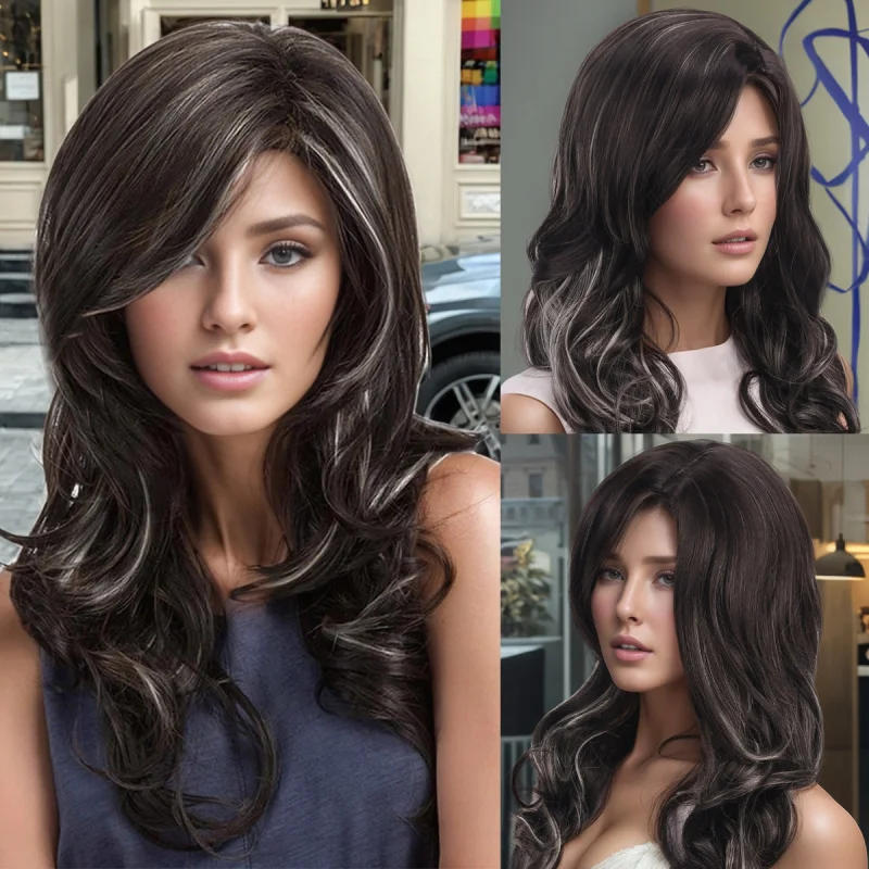 

Wigs full head wig for women, pear-shaped hairstyle, gradient color, medium-parted, short, slightly curly, high-temperature fibe