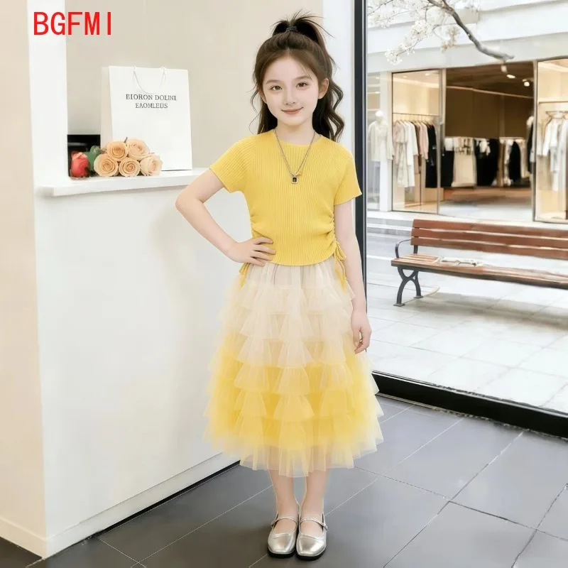 Big Girls Yellow Summer Outfit 2026 Set Summer New Children's Korean Sweet Short Sleeved T-shirt+ Cake Gauze Skirt Two-piece Set