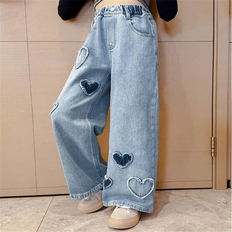 Jeans Girl Heart Pattern Girl Jeans Child Spring Autumn Children Jeans For Boys Casual Style Kids Clothing 6 8 10 12 14