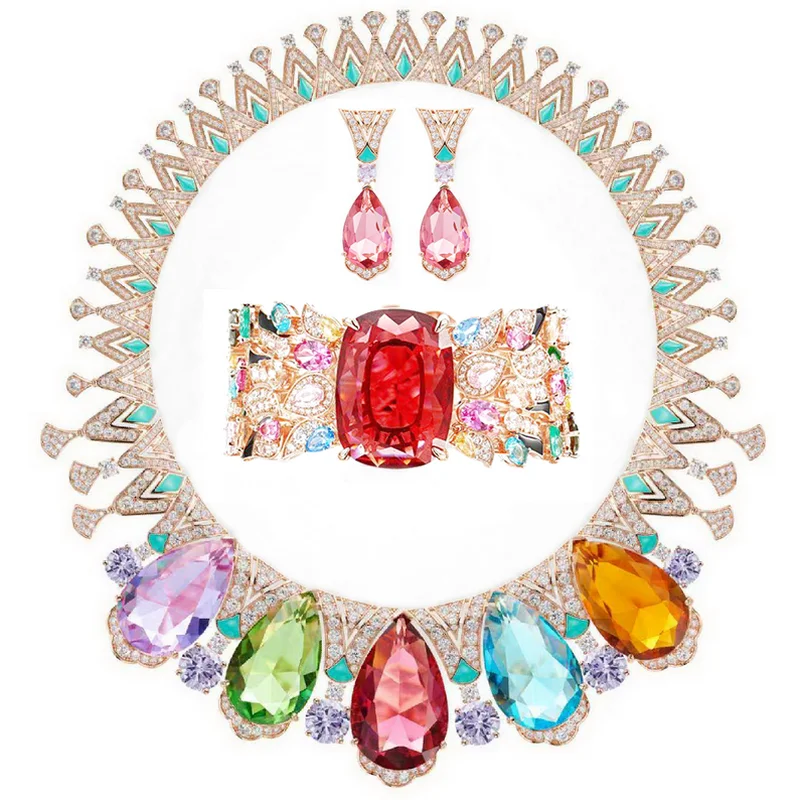 Designer Collection Style Earrings Bracelet Necklace Inlay Colored Drop Shape Cubic Zircon Synthetic Ruby Enamel Jewelry Sets