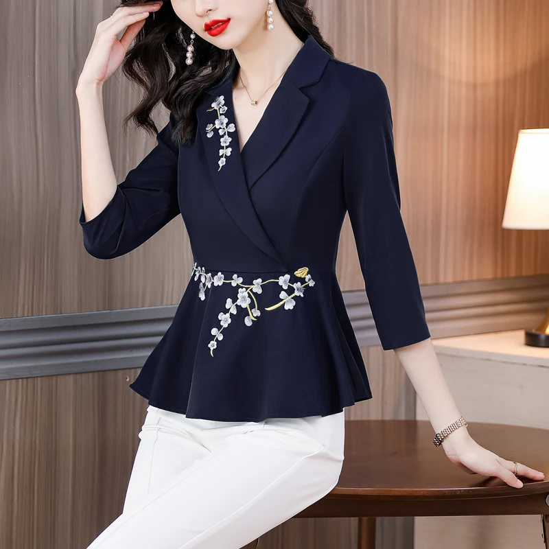 M-4XL Elegant Fashion Embroidery Blouse 3/4 Sleeve Ruffles Tops 2023 Spring Summer V neck Women Shirt