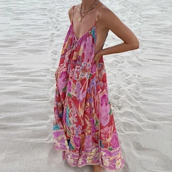 2025 New Floral Printed Suspender Dress Casual Loose Bohemian Vacation Long Dress Elegant Hollow Out Pleated Swing Dress Lady 