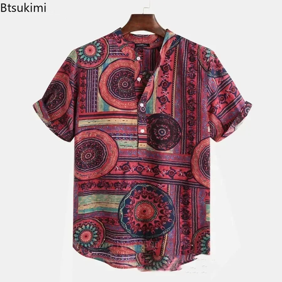 2025 Męskie afrykańskie ubrania Dashiki Print Summer 100% bawełniane koszule Męskie plemienne hip-hopowe etniczne ubrania z krótkim rękawem Topy dla mężczyzn