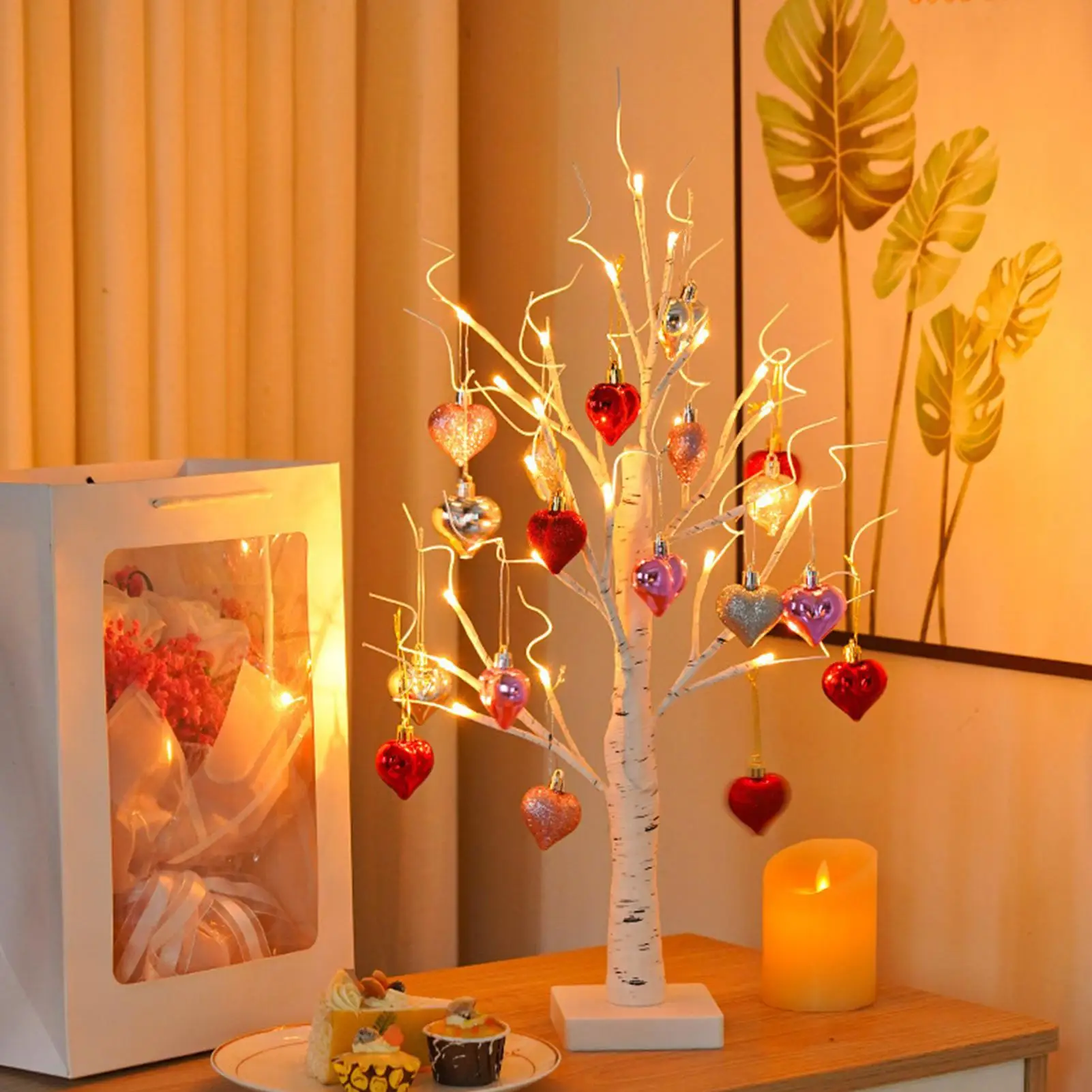 Valentine's Day Birch Tree Lighted Decor 24 LED Lamp Light Tree With 18 Heart Ornaments Romantic Branch Tree Decorative Lights
