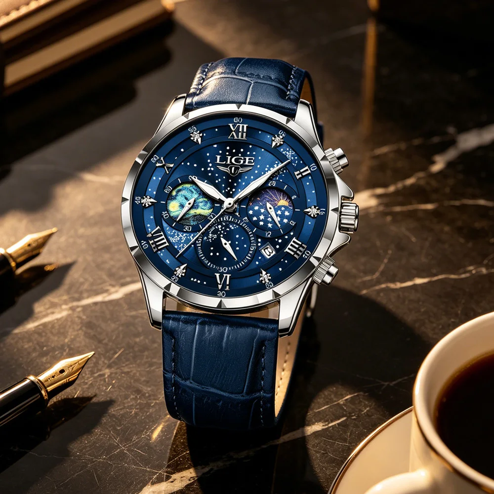 

LIGE Mens Watches Luxury Waterproof Clock Moon Phase Date Casual Blue Leather Quartz Wrist Watch Men Chronograph Montre Homme