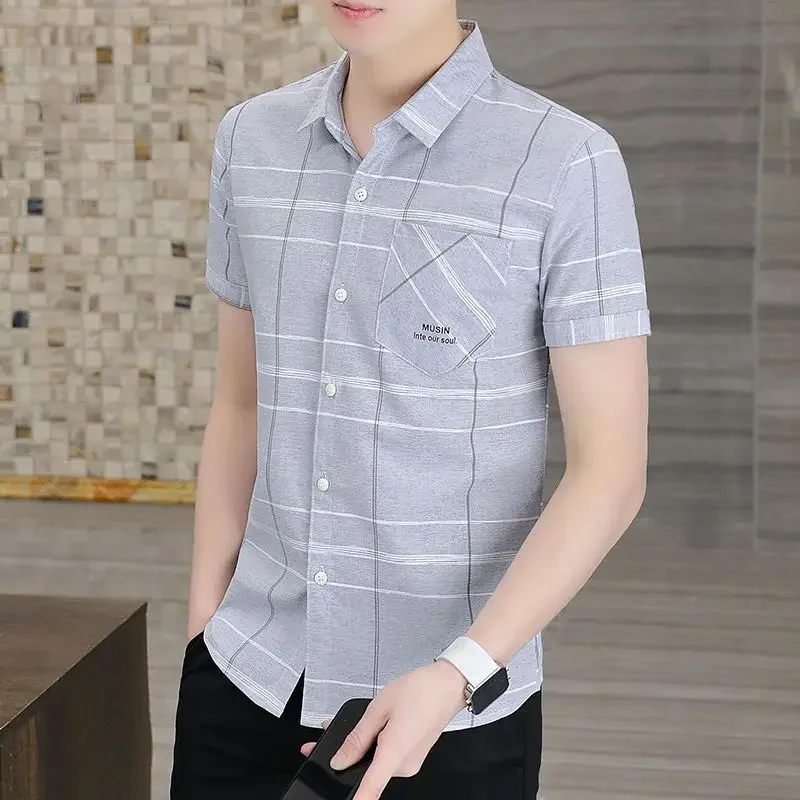 

Trend All-match Polo-Neck Plaid Shirt Clothes Summer New Short Sleeve Fashion Comfortable Single-breasted Shirts for Men Z601