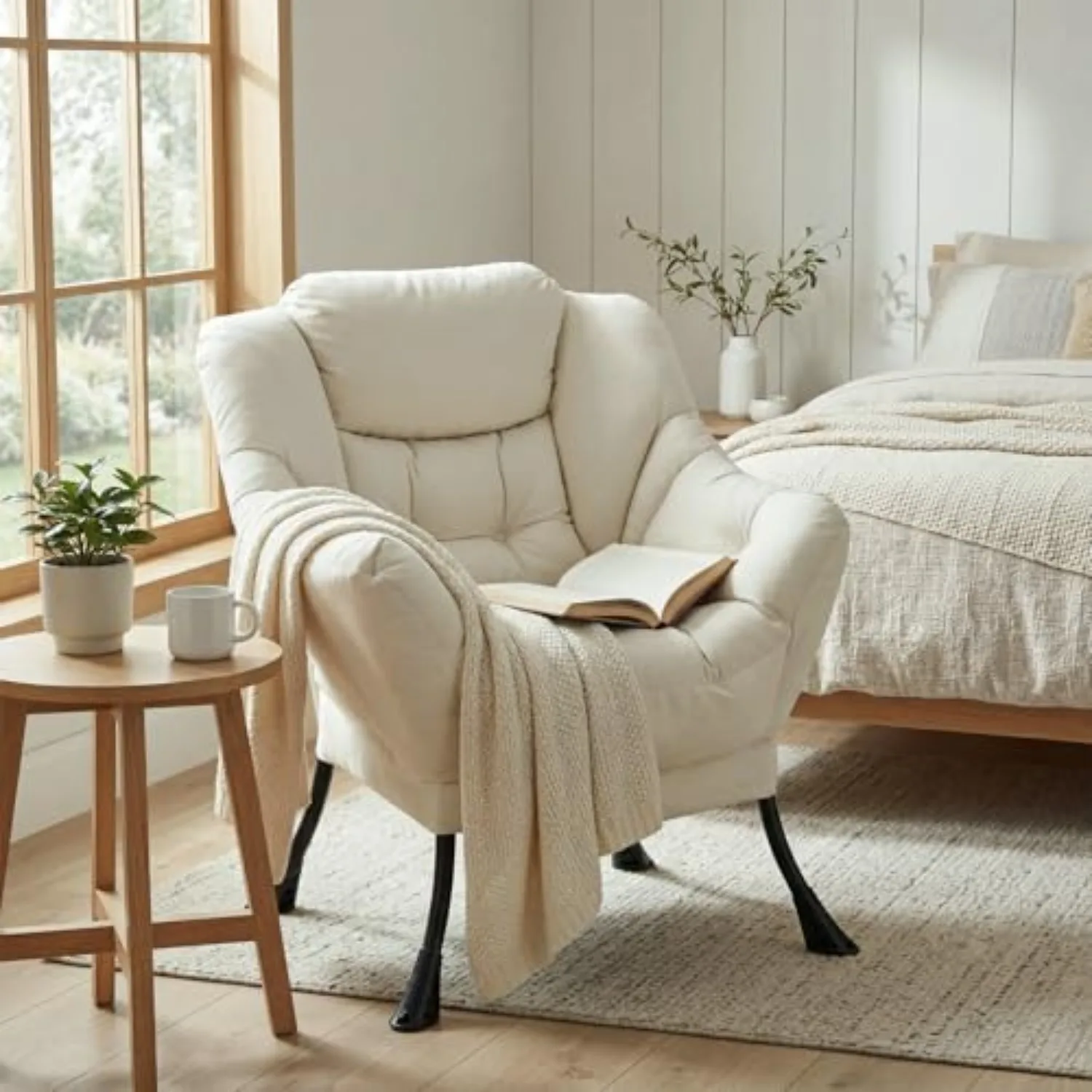 Lazy Chair, Modern Comfy Accent Living Room Chairs | Upholstered Lounge Chair, Large Sofa Armchair with Side Pocket