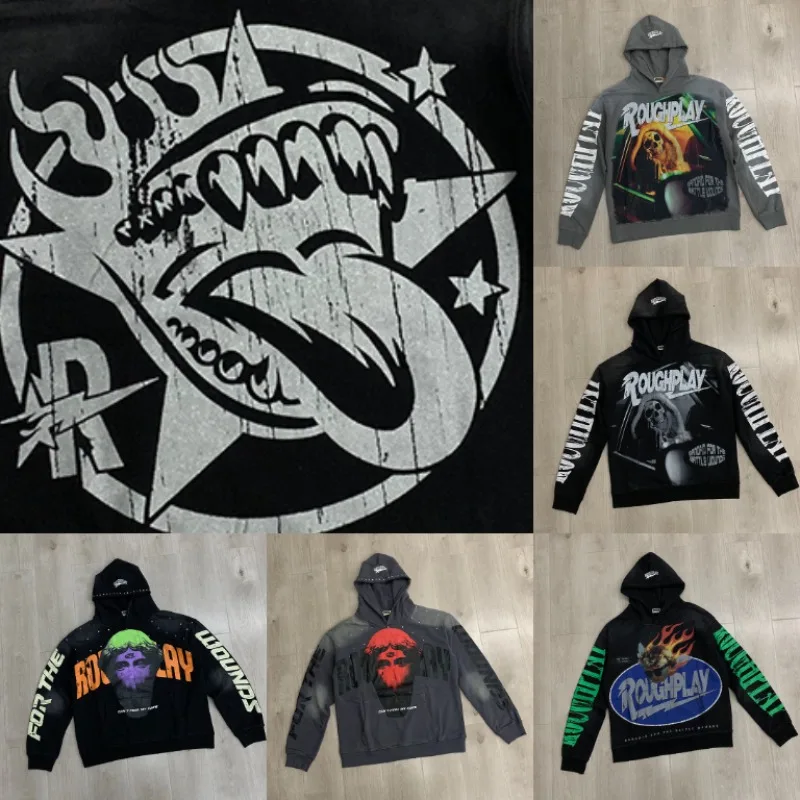 New Arrival Fall Winter Rough Play Unisex Graphic Hoodie Distressed Wash Skull Demon Flame Print Casual Hoodie