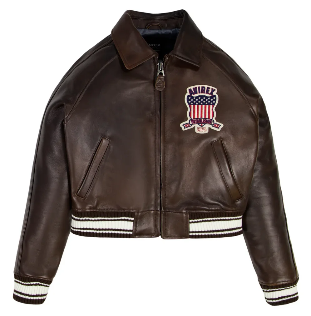 AVIREX 2025 خريف جديد وصول المرأة الأوروبية سترة جلد الخراف سترة رحلة عادية قصيرة طول خمر براون جلد طبيعي